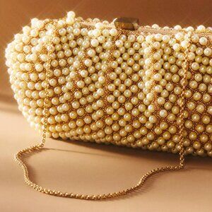 Anthropologie Santi Gemelli Clutch Pearl Chain Gold Taupe Summer Wedding